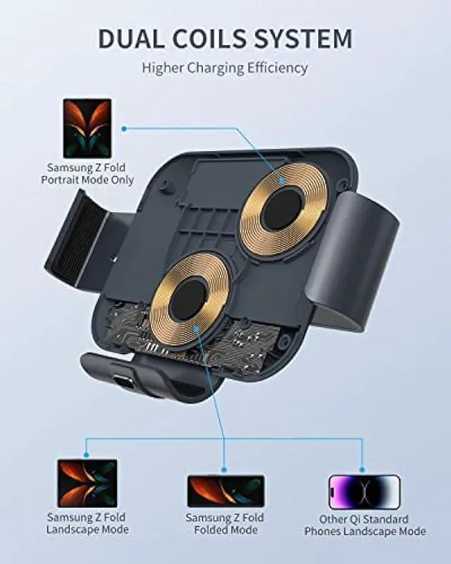 Alt view image 2 of 6 - MAKAQI Wireless Car Charger for Z Fold 5/4/3/2, Dual Coil Cup Holder Phone Mount, Wireless Car Charger for Tesla, Auto Clamping Fast Charging for iPhone14/13/12/11/X/8