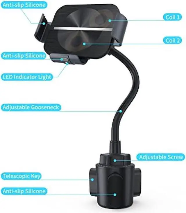 Alt view image 3 of 6 - MAKAQI Wireless Car Charger for Z Fold 5/4/3/2, Dual Coil Cup Holder Phone Mount, Wireless Car Charger for Tesla, Auto Clamping Fast Charging for iPhone14/13/12/11/X/8