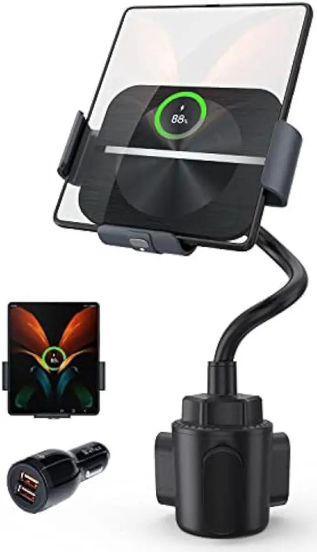 Main image of MAKAQI Wireless Car Charger for Z Fold 5/4/3/2, Dual Coil Cup Holder Phone Mount, Wireless Car Charger for Tesla, Auto Clamping Fast Charging for iPhone14/13/12/11/X/8