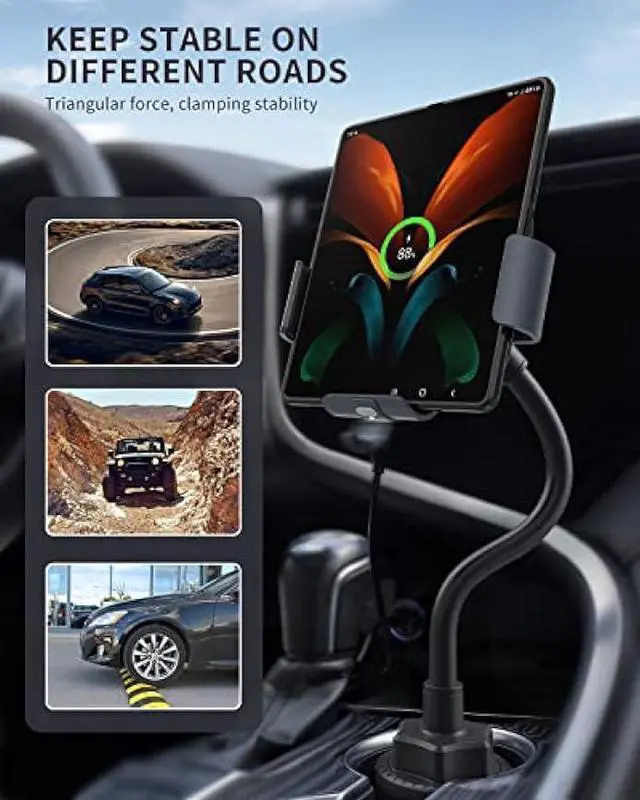 Alt view image 4 of 6 - MAKAQI Wireless Car Charger for Z Fold 5/4/3/2, Dual Coil Cup Holder Phone Mount, Wireless Car Charger for Tesla, Auto Clamping Fast Charging for iPhone14/13/12/11/X/8