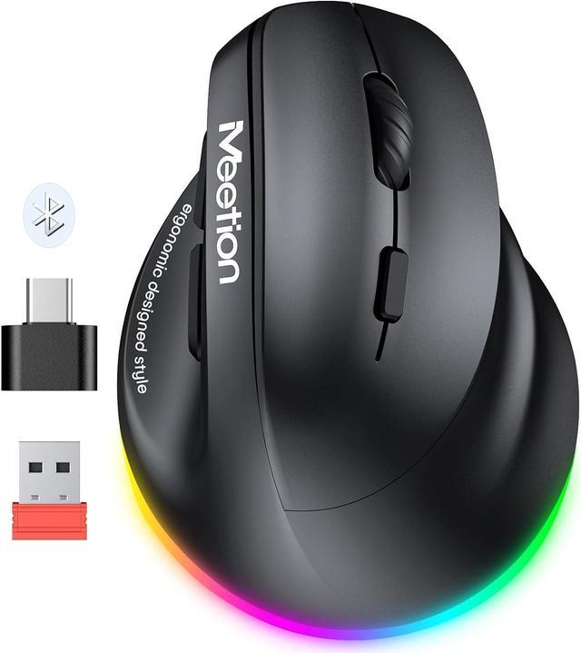 MEETION Ergonomic Mouse, Wireless Vertical Mouse RGB Backlit Rechargeable  Mice for Bluetooth(5.2 + 3.0) & USB-A with USB-C Adapter 4 Adjustable DPI  Compatible Mac/Windows/Andriod/PC/Tablet/iPad Black 