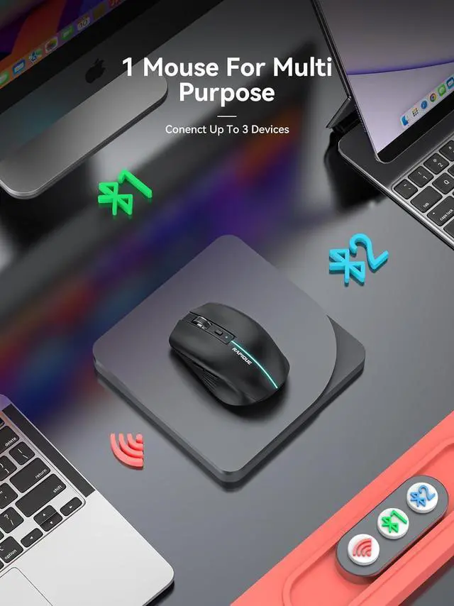 Alt view image 3 of 7 - Bluetooth Wireless Mouse - (BT1/BT2+USB) Tri-Mode High Performance, Rechargeable, Quiet Click, Multi-Device Compatibility for Laptop, Computer, MacBook, Tablet, PC (Black)