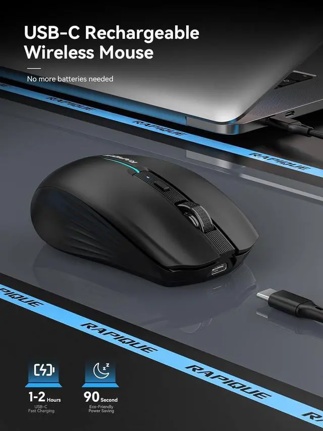 Alt view image 4 of 7 - Bluetooth Wireless Mouse - (BT1/BT2+USB) Tri-Mode High Performance, Rechargeable, Quiet Click, Multi-Device Compatibility for Laptop, Computer, MacBook, Tablet, PC (Black)