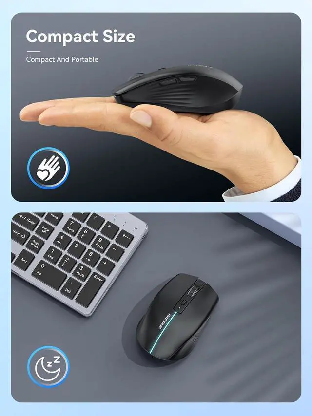 Alt view image 5 of 7 - Bluetooth Wireless Mouse - (BT1/BT2+USB) Tri-Mode High Performance, Rechargeable, Quiet Click, Multi-Device Compatibility for Laptop, Computer, MacBook, Tablet, PC (Black)
