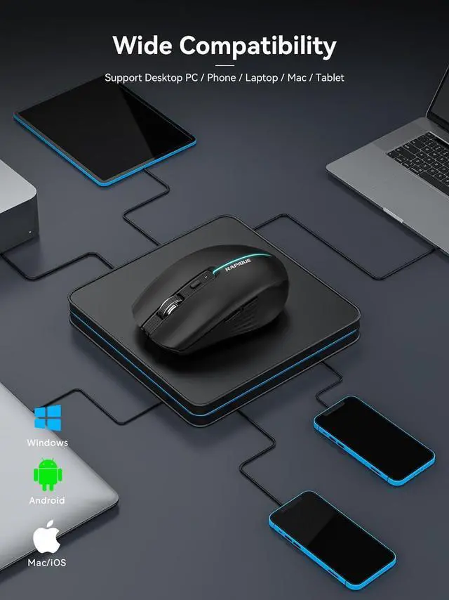 Alt view image 7 of 7 - Bluetooth Wireless Mouse - (BT1/BT2+USB) Tri-Mode High Performance, Rechargeable, Quiet Click, Multi-Device Compatibility for Laptop, Computer, MacBook, Tablet, PC (Black)