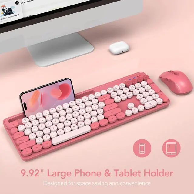 Alt view image 5 of 7 - Wireless Keyboard and Mouse Combo, Retro Round Keycap Typewriter Keyboard with Phone/Tablet Holder, Cute Colorful Keyboard for Computer/Laptop/Windows/Mac by SABLUTE, Pink