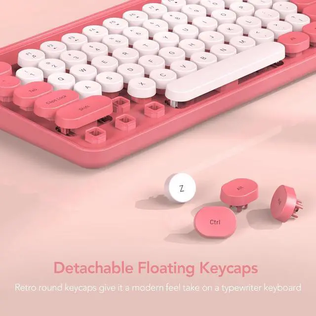 Alt view image 3 of 7 - Wireless Keyboard and Mouse Combo, Retro Round Keycap Typewriter Keyboard with Phone/Tablet Holder, Cute Colorful Keyboard for Computer/Laptop/Windows/Mac by SABLUTE, Pink