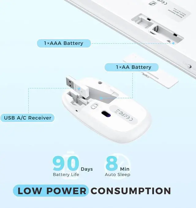 Alt view image 6 of 7 - seenda Wireless Keyboard and Mouse, USB & Type C Keyboard Mouse Combo, Full Size White Wireless Keyboard Compatible for Win 7/8/10, MacBook Pro/Air, Laptop, PC - White