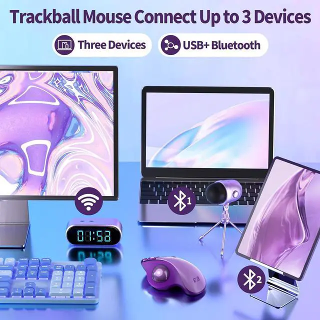 Alt view image 2 of 7 - Seenda Wireless Trackball Mouse, Ergonomic Bluetooth Rollerball - Multi-Device Thumb Control, Compatible for Mac, Android, Windows - Purple