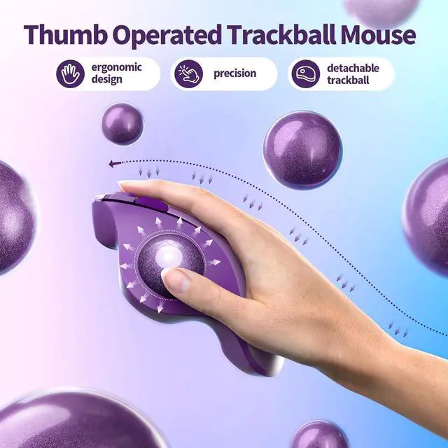 Alt view image 3 of 7 - Seenda Wireless Trackball Mouse, Ergonomic Bluetooth Rollerball - Multi-Device Thumb Control, Compatible for Mac, Android, Windows - Purple