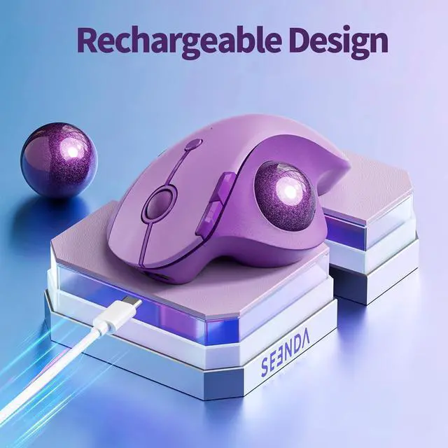 Alt view image 5 of 7 - Seenda Wireless Trackball Mouse, Ergonomic Bluetooth Rollerball - Multi-Device Thumb Control, Compatible for Mac, Android, Windows - Purple