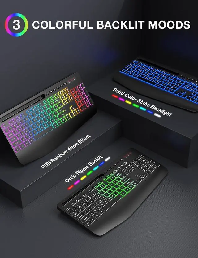 Alt view image 3 of 7 - SABLUTE Wireless Keyboard and Mouse Combo, 9 Backlit Effects, Wrist Rest, Phone Holder, 2.4G Lag-Free Ergonomic Keyboards, Rechargeable Silent Cordless Set for Computer, Laptop (White & Black)
