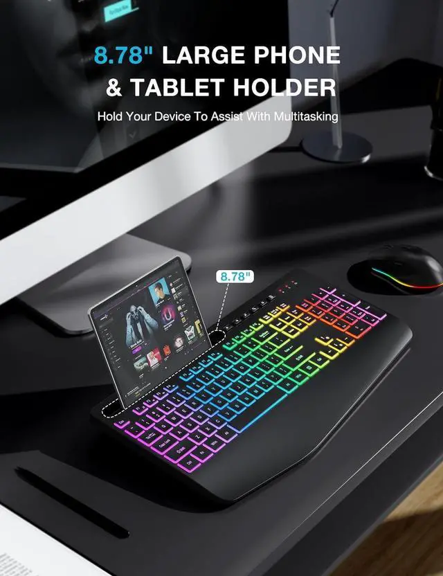 Alt view image 5 of 7 - SABLUTE Wireless Keyboard and Mouse Combo, 9 Backlit Effects, Wrist Rest, Phone Holder, 2.4G Lag-Free Ergonomic Keyboards, Rechargeable Silent Cordless Set for Computer, Laptop (White & Black)