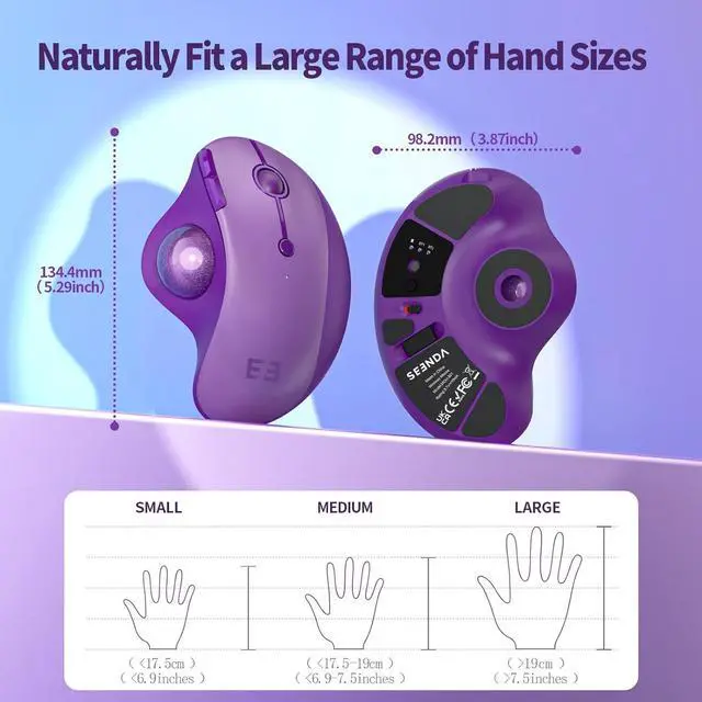 Alt view image 6 of 7 - Seenda Wireless Trackball Mouse, Ergonomic Bluetooth Rollerball - Multi-Device Thumb Control, Compatible for Mac, Android, Windows - Purple