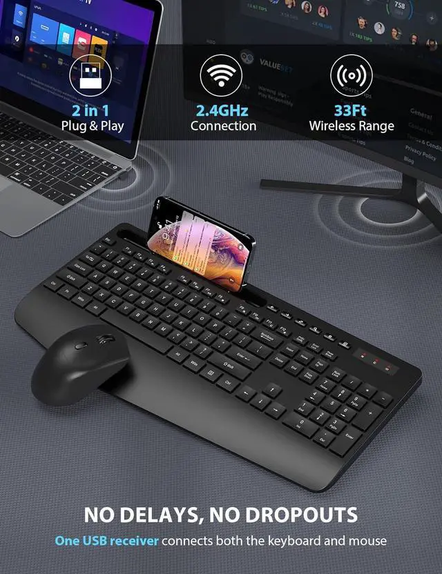 Alt view image 4 of 7 - Wireless Keyboard and Mouse Combo 2 Pack - Full-Sized Ergonomic Keyboard with Wrist Rest, Phone Holder, Sleep Mode, Silent 2.4GHz Cordless Keyboard Mouse Combo for Computer, Laptop, PC, Mac, Windows