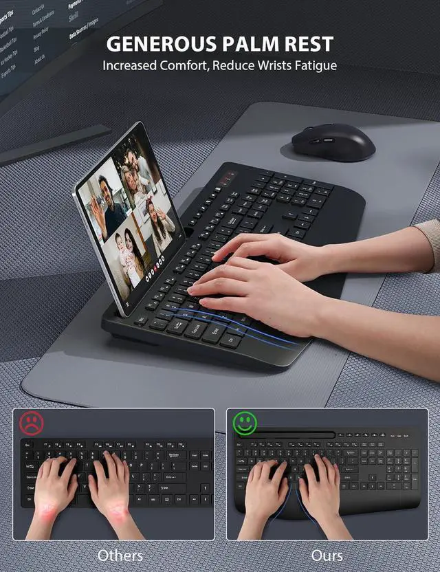 Alt view image 2 of 7 - Wireless Keyboard and Mouse Combo 2 Pack - Full-Sized Ergonomic Keyboard with Wrist Rest, Phone Holder, Sleep Mode, Silent 2.4GHz Cordless Keyboard Mouse Combo for Computer, Laptop, PC, Mac, Windows