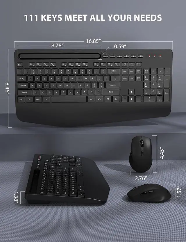 Alt view image 7 of 7 - Wireless Keyboard and Mouse Combo 2 Pack - Full-Sized Ergonomic Keyboard with Wrist Rest, Phone Holder, Sleep Mode, Silent 2.4GHz Cordless Keyboard Mouse Combo for Computer, Laptop, PC, Mac, Windows