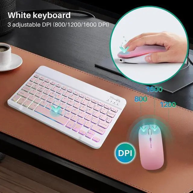 Alt view image 4 of 7 - Bluetooth Keyboard and Mouse Combo for iPad - Rechargeable Wireless Keyboard & Mouse with 7-Color Backlit Compatible with iPad 9th/8th Gen, iPad Pro/Air/Mini, iPhone14/13/12 Pro,(10 inch Pink)