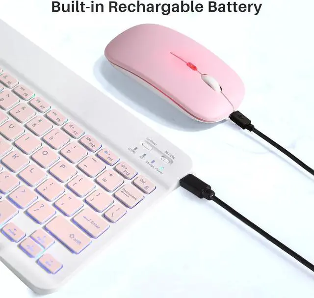 Alt view image 6 of 7 - Bluetooth Keyboard and Mouse Combo for iPad - Rechargeable Wireless Keyboard & Mouse with 7-Color Backlit Compatible with iPad 9th/8th Gen, iPad Pro/Air/Mini, iPhone14/13/12 Pro,(10 inch Pink)