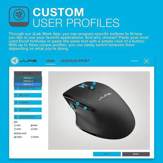 Alt view image 3 of 7 - JBuds Wireless Mouse Connect Via Bluetooth or USB Wireless Dongle Multi-Device Toggle Up to Three Devices Custom User Profiles Adjustable Tracking Full-Size Rechargeable (1 Pack)