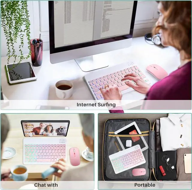 Alt view image 2 of 7 - Bluetooth Keyboard and Mouse Combo for iPad - Rechargeable Wireless Keyboard & Mouse with 7-Color Backlit Compatible with iPad 9th/8th Gen, iPad Pro/Air/Mini, iPhone14/13/12 Pro,(10 inch Pink)
