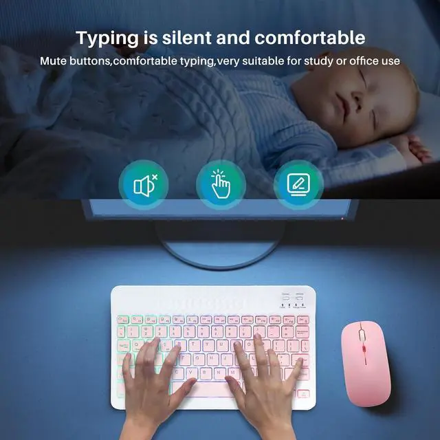 Alt view image 3 of 7 - Bluetooth Keyboard and Mouse Combo for iPad - Rechargeable Wireless Keyboard & Mouse with 7-Color Backlit Compatible with iPad 9th/8th Gen, iPad Pro/Air/Mini, iPhone14/13/12 Pro,(10 inch Pink)