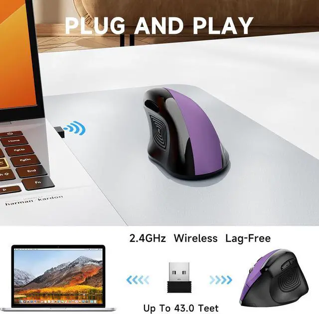 Alt view image 4 of 7 - memzuoix Ergonomic Mouse Wireless,2.4G Optical Cordless Mice with 800/1200/1600 DPI,Vertical Computer Wireless Mouse for Laptop, Mac,PC,Desktop (for Right Hand, Large),Purple Mouse
