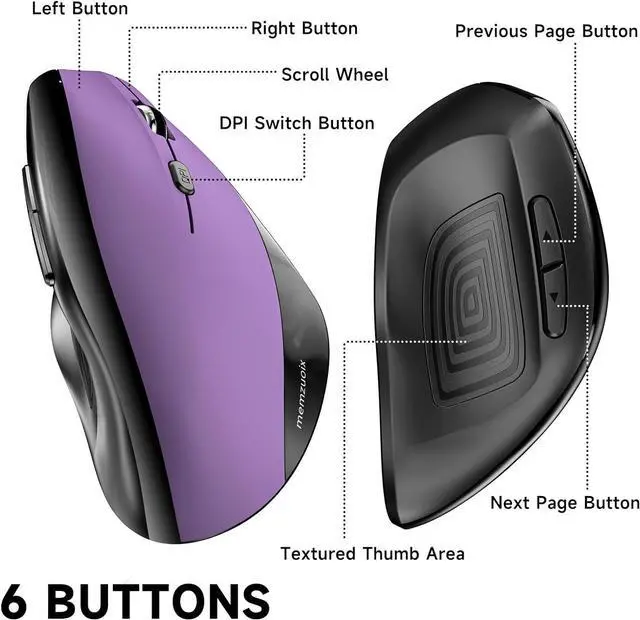 Alt view image 6 of 7 - memzuoix Ergonomic Mouse Wireless,2.4G Optical Cordless Mice with 800/1200/1600 DPI,Vertical Computer Wireless Mouse for Laptop, Mac,PC,Desktop (for Right Hand, Large),Purple Mouse