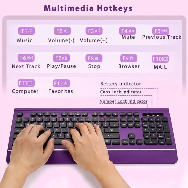 Alt view image 3 of 7 - Wireless Keyboard and Mouse, KOPJIPPOM Purple Keyboard and Mouse with Wrist Rest, 2.4G Silent Cordless Full-Size Keyboard Mouse Combo for Windows Computers Desktop, Laptop, PC