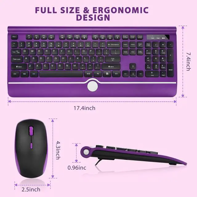 Alt view image 6 of 7 - Wireless Keyboard and Mouse, KOPJIPPOM Purple Keyboard and Mouse with Wrist Rest, 2.4G Silent Cordless Full-Size Keyboard Mouse Combo for Windows Computers Desktop, Laptop, PC
