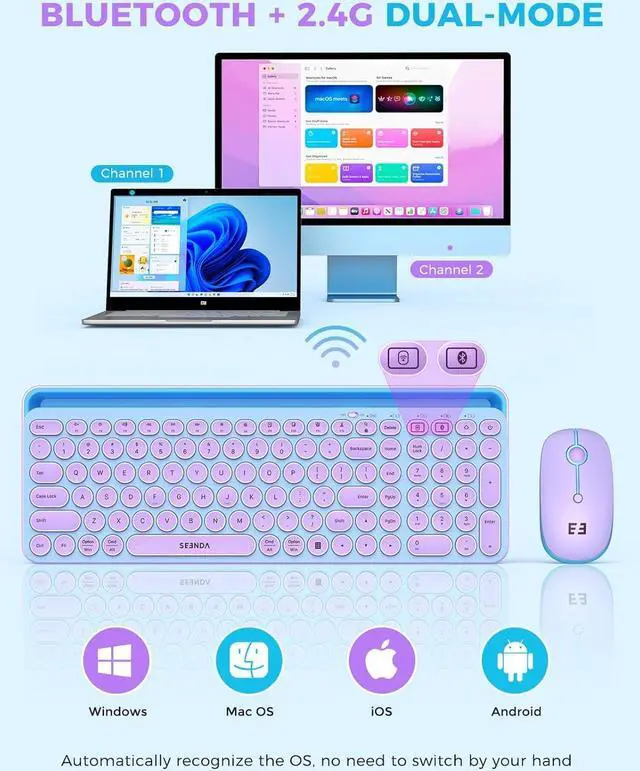 Alt view image 2 of 7 - seenda Bluetooth Keyboard and Mouse for iPad, CTU-301 Multi-Device Bluetooth + 2.4G Wireless Keyboard Mouse with Tablet Holder for MacBook/Windows Computer, iOS/Andriod Tablet Phone, Blue & Purple