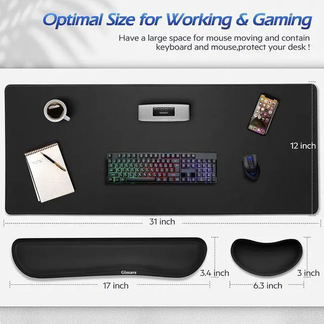 Alt view image 3 of 7 - Gimars 3 in1 Mouse Pad and Keyboard Wrist Rest Set, Large Memory Foam Mouse Pad Wrist Rest Support for Typing Pain Relief, Wrist Rest Set for Gaming, Desk, Office, Home, 31.5x12 inch, Black