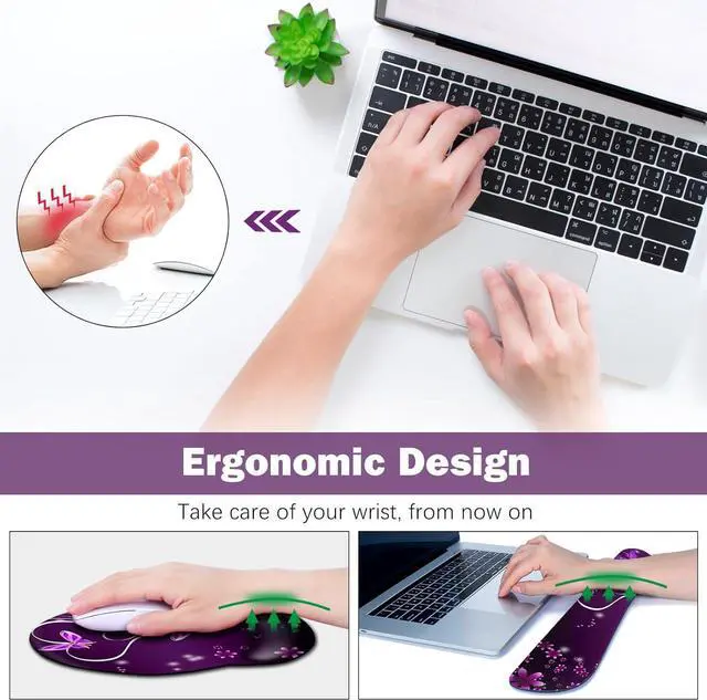 Alt view image 3 of 6 - Desk Mat, Large Gaming Mouse Pad Wrist Support Set, Ergonomic Keyboard Wrist Rest Desk Pad with Coaster Combo, Extended Mousepad with Non-Slip for Home Office, Purple Heart Butterfly