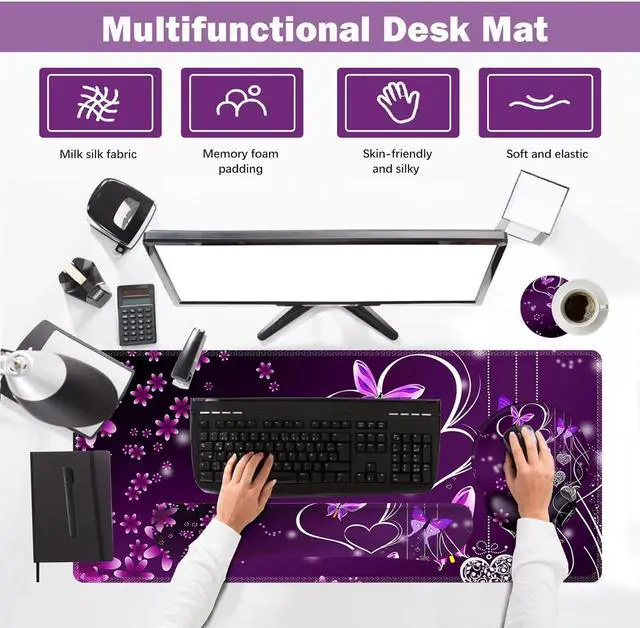 Alt view image 2 of 6 - Desk Mat, Large Gaming Mouse Pad Wrist Support Set, Ergonomic Keyboard Wrist Rest Desk Pad with Coaster Combo, Extended Mousepad with Non-Slip for Home Office, Purple Heart Butterfly