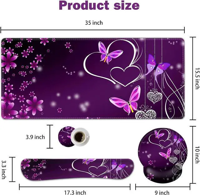 Alt view image 5 of 6 - Desk Mat, Large Gaming Mouse Pad Wrist Support Set, Ergonomic Keyboard Wrist Rest Desk Pad with Coaster Combo, Extended Mousepad with Non-Slip for Home Office, Purple Heart Butterfly