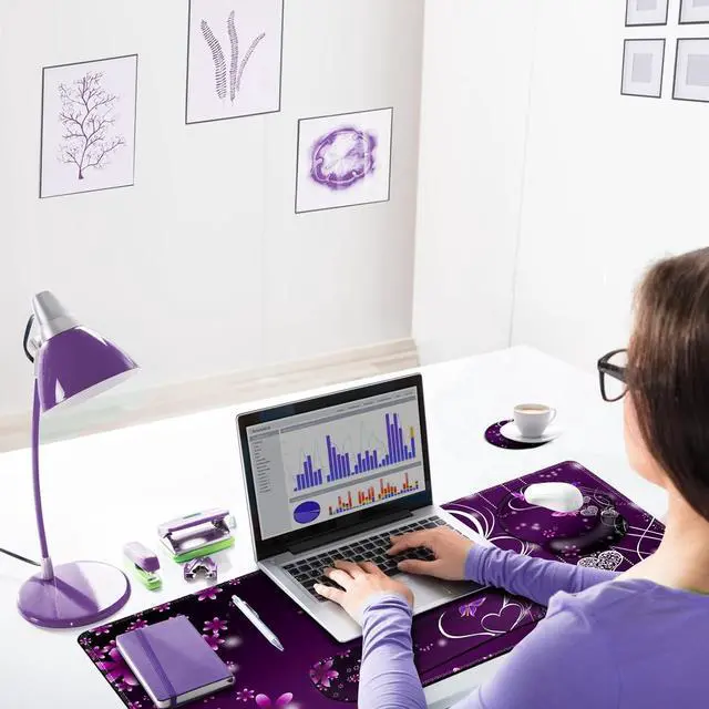 Alt view image 6 of 6 - Desk Mat, Large Gaming Mouse Pad Wrist Support Set, Ergonomic Keyboard Wrist Rest Desk Pad with Coaster Combo, Extended Mousepad with Non-Slip for Home Office, Purple Heart Butterfly