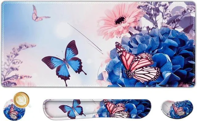 Main image of AIMSA Large Gaming Mouse Pad Set, Keyboard Wrist Rest Support Mouse Pad, Ergonomic Memory Foam Multifunctional Extended Desk Mat 35x15.7in Anti-Slip Rubber Base for Office Home, Butterfly Flower