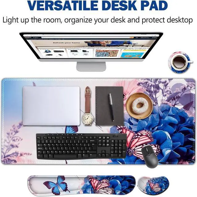 Alt view image 2 of 7 - AIMSA Large Gaming Mouse Pad Set, Keyboard Wrist Rest Support Mouse Pad, Ergonomic Memory Foam Multifunctional Extended Desk Mat 35x15.7in Anti-Slip Rubber Base for Office Home, Butterfly Flower