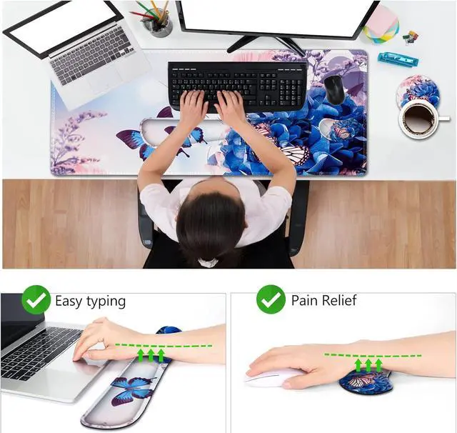 Alt view image 3 of 7 - AIMSA Large Gaming Mouse Pad Set, Keyboard Wrist Rest Support Mouse Pad, Ergonomic Memory Foam Multifunctional Extended Desk Mat 35x15.7in Anti-Slip Rubber Base for Office Home, Butterfly Flower