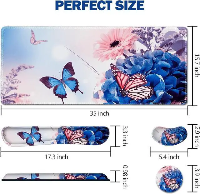 Alt view image 7 of 7 - AIMSA Large Gaming Mouse Pad Set, Keyboard Wrist Rest Support Mouse Pad, Ergonomic Memory Foam Multifunctional Extended Desk Mat 35x15.7in Anti-Slip Rubber Base for Office Home, Butterfly Flower