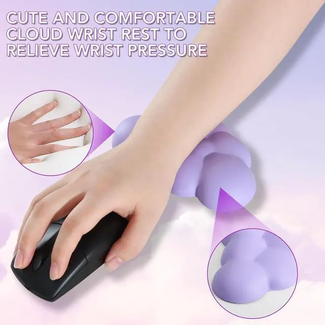 Alt view image 6 of 7 - Keyboard Cloud Wrist Rest 2PCS, High Density Memory Foam Keyboard Palm Rest, Ergonomic Keyboard Pad Wrist Support for Pain Relief, Mouse Pad Rest Support for Office/Computer/Laptop/Gaming/Mac,Purple