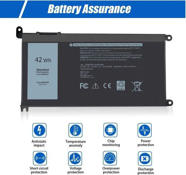 Alt view image 2 of 6 - WDXOR 42Wh Laptop Battery,WDX0R Laptop Battery for Dell Inspiron 5565 5570 7378 5379 5567 5570 P69G P75F001 5567 7573 P69G001 5579 5767 5378 P58F001 7569 P74G 7368 7580 7378 5568 5770 5368 Vostro 5471
