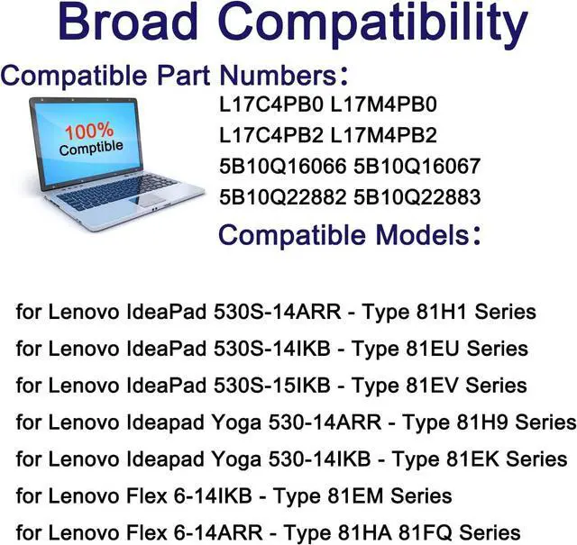 Alt view image 4 of 6 - L17C4PB0 Battery for Lenovo Flex 6-14IKB 6-14ARR IdeaPad 530S-14ARR 530S-14IKB 530S-15IKB Yoga 530-14ARR 530-14IKB XiaoXin Air 14IKBR 15IKBR 15ARR 15IWL Series L17M4PB0 L17C4PB2 5B10Q16066