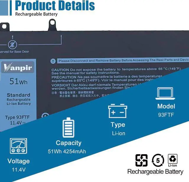Alt view image 2 of 7 - 51Wh 93FTF Battery for Dell Latitude 5280 5288 5480 5580 5590 5490 5290 5488 5491 E5280 E5288 E5480 E5580 E5490 E5590 E5290 E5491 Precision 3520 3530 M3520 M3530 Series D4CMT 83XPC 4YFVG DJWGP