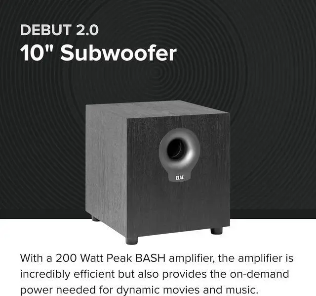 Alt view image 2 of 6 - ELAC Debut 2.0 S10.2 10 Powered Subwoofer, Black - Custom Driver & 200-Watt Peak BASH Amplifier - Braced MDF Cabinets