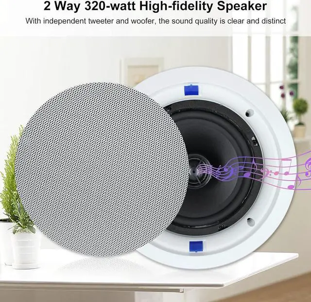 Alt view image 3 of 7 - Herdio 6.5 Inch Bluetooth Ceiling Speakers 320W 2-Way Flush Mount in Wall Amplifier Receiver Suitable for Home Theater Bathroom Living Room Kitchen Office (White, Pair)