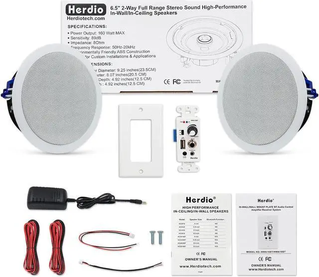 Alt view image 7 of 7 - Herdio 6.5 Inch Bluetooth Ceiling Speakers 320W 2-Way Flush Mount in Wall Amplifier Receiver Suitable for Home Theater Bathroom Living Room Kitchen Office (White, Pair)