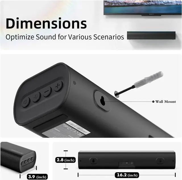 Alt view image 6 of 6 - Sound Bars for TV 16-inch, Cinematic TV Bluetooth Sound Bar with Impactful Bass with Remote Control, Wall Mountable Sound Bar Work with Traditional or Smart TV, Computer