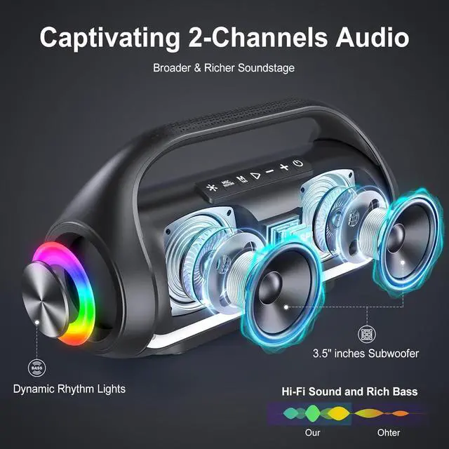 Alt view image 2 of 7 - Portable Bluetooth Speaker Wireless: IPX5 Waterproof Speaker Boom Music Box with Disco Light for Indoor Outdoor Parties, Powerful Bass Stereo Sound Loud Speaker Support USB/TF Card/AUX/FM/TWS
