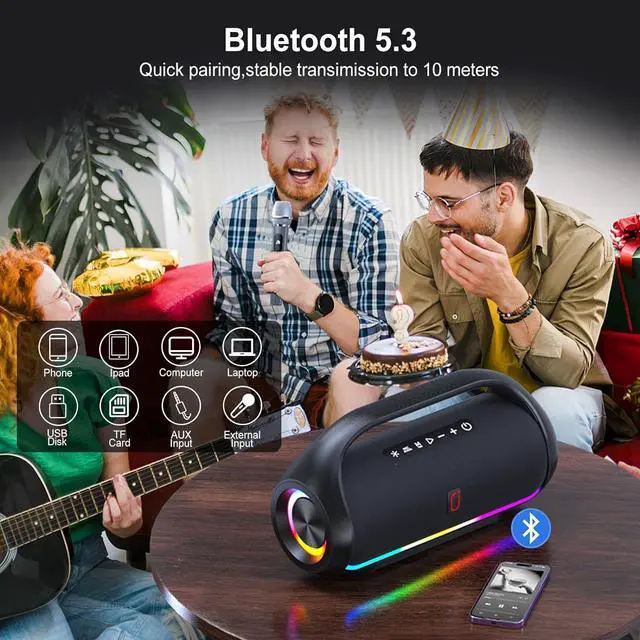 Alt view image 3 of 7 - Portable Bluetooth Speaker Wireless: IPX5 Waterproof Speaker Boom Music Box with Disco Light for Indoor Outdoor Parties, Powerful Bass Stereo Sound Loud Speaker Support USB/TF Card/AUX/FM/TWS
